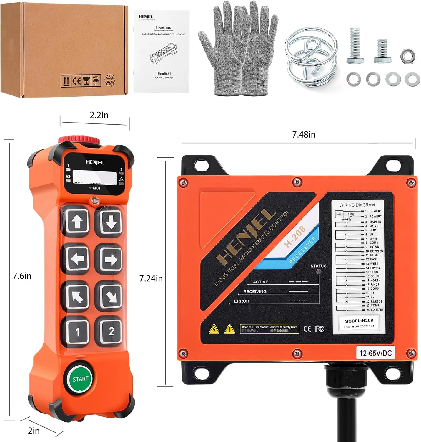 2 Dual Speed 12-65V 8 Channel Industrial Wireless Crane Remote Control for Overhead Bridge Travelling Gantry Truck Tower Crane Radio Transmitter and 12V 24V 36V DC Receiver w/E-Stop Push Button