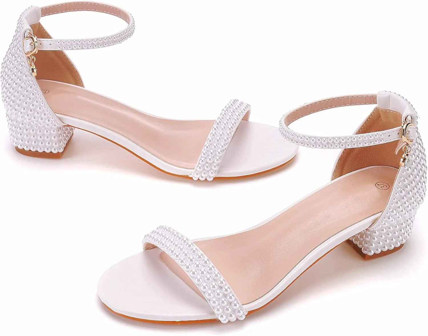2.95'' Full Pearls Block Heels Sandals Peep Toe Rhinestone Women's Chunky Heel Pump Shoes For Bride Wedding Party Evening Dress Shoes