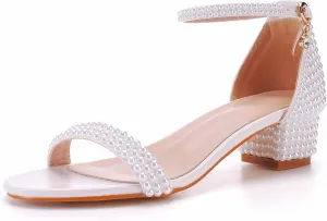 2.95'' Full Pearls Block Heels Sandals Peep Toe Rhinestone Women's Chunky Heel Pump Shoes For Bride Wedding Party Evening Dress Shoes