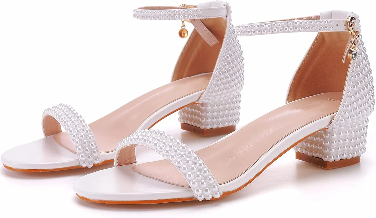 2.95'' Full Pearls Block Heels Sandals Peep Toe Rhinestone Women's Chunky Heel Pump Shoes For Bride Wedding Party Evening Dress Shoes