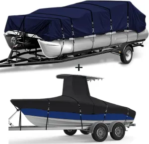 900D Fade and Tear Resistant Trailerable Pontoon Boat Cover Fit 17ft-20ft Long(Navy), Heavy-Duty Waterproof and UV-Proof T-Top Boat Cover Fit 18ft-20ft (Black)