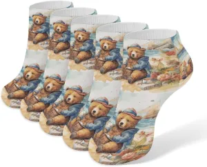A Bear on The Beach Ankle Socks for Men & Women, 5 Pairs Breathable Soft Low Cut Socks, Stretch Sweat Wicking Sox