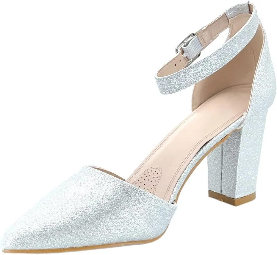 ABSOLEX Women's Pointy-Toe D'Orsay Ankle Strap Block Heel Dress Pump