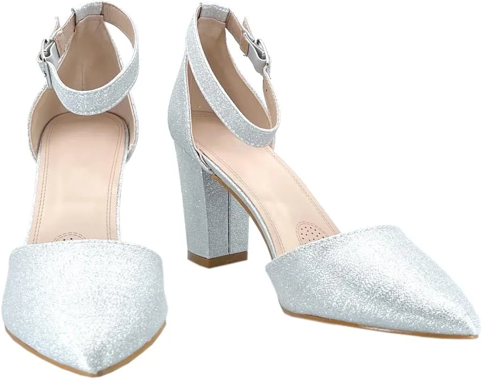 ABSOLEX Women's Pointy-Toe D'Orsay Ankle Strap Block Heel Dress Pump
