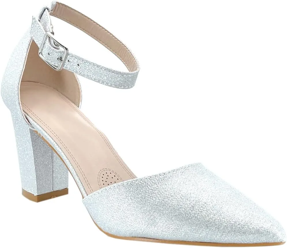 ABSOLEX Women's Pointy-Toe D'Orsay Ankle Strap Block Heel Dress Pump