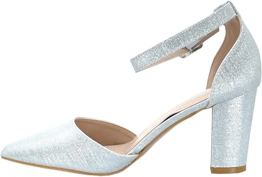 ABSOLEX Women's Pointy-Toe D'Orsay Ankle Strap Block Heel Dress Pump