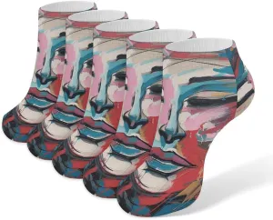 Abstract Female Face Ankle Socks for Men & Women, 5 Pairs Breathable Soft Low Cut Socks, Stretch Sweat Wicking Sox