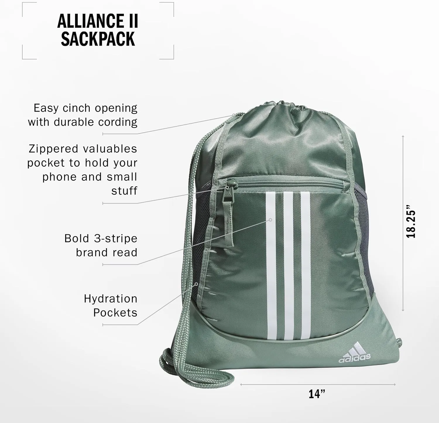adidas Alliance Sackpack, Drawstring Backpack, Lightweight Small Gym Bag for Women and Men, Silver Green/White/Onix Grey, One Size