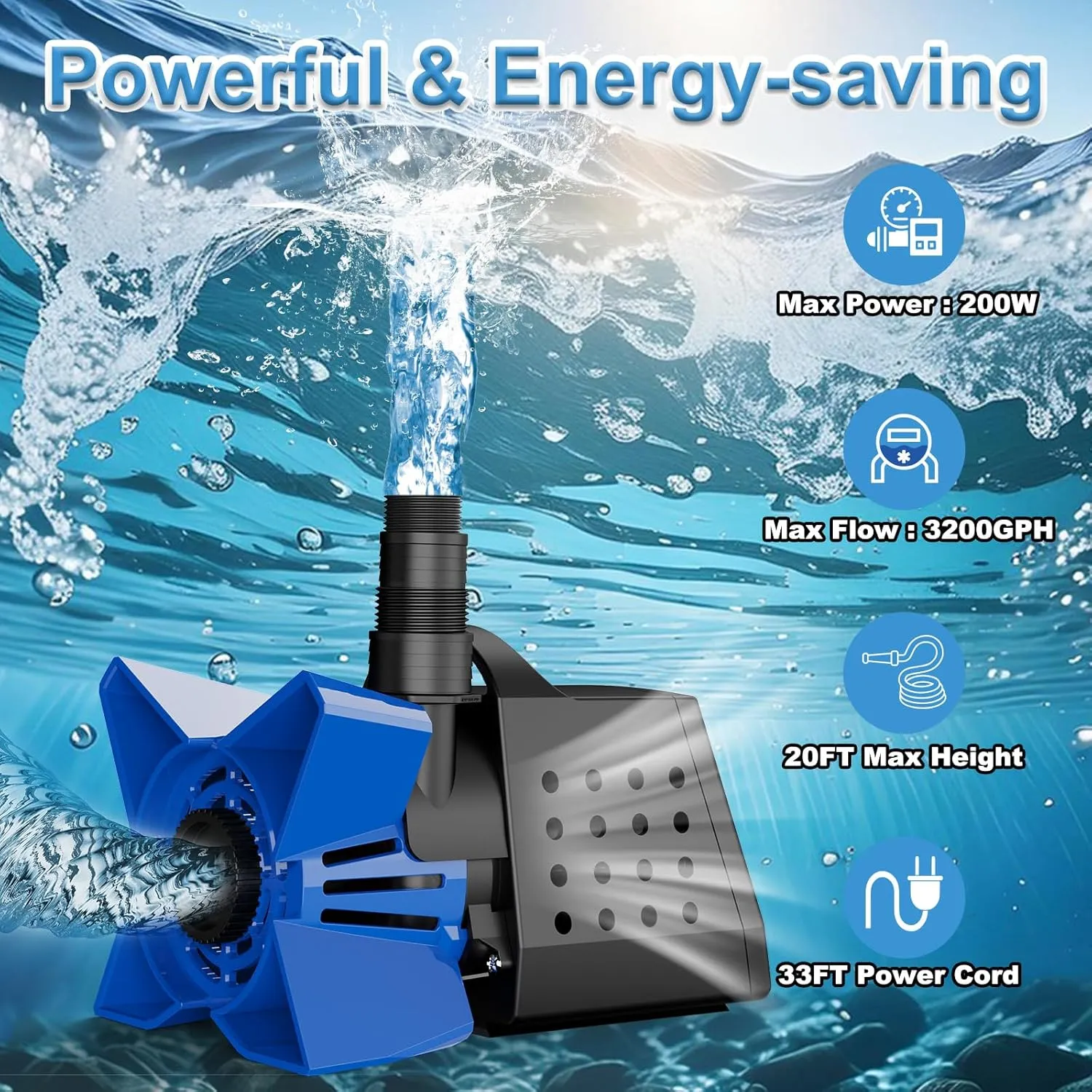 AgiiMan 3200GPH Pond Pump, 200W Submersible Water Pump with 33FT Cable, Barrier Bag, 20FT Lift Height, Ultra Quiet for Garden Pond, Waterfall, Fountains, Aquarium, Fish Tank (Blue)