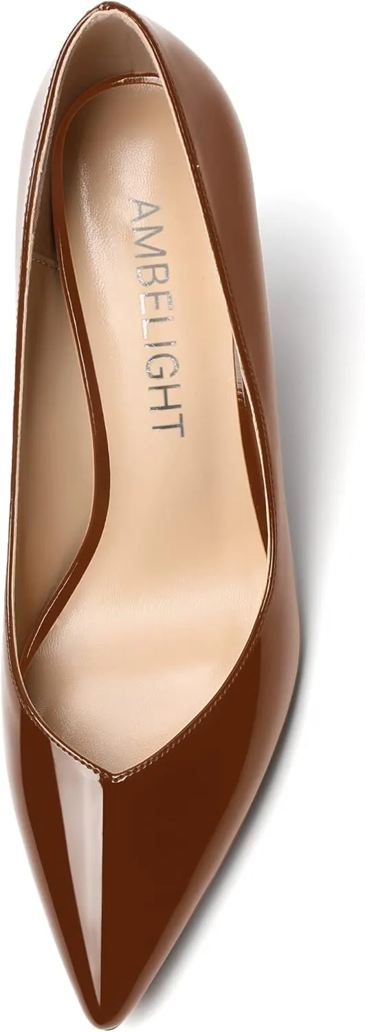 AMBELIGHT Womens Patent Pointed Toe Slip On Dating Dress Ankle Strap Stiletto High Heel Pumps Shoes 3.3 Inch