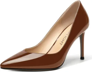 AMBELIGHT Womens Patent Pointed Toe Slip On Dating Dress Ankle Strap Stiletto High Heel Pumps Shoes 3.3 Inch