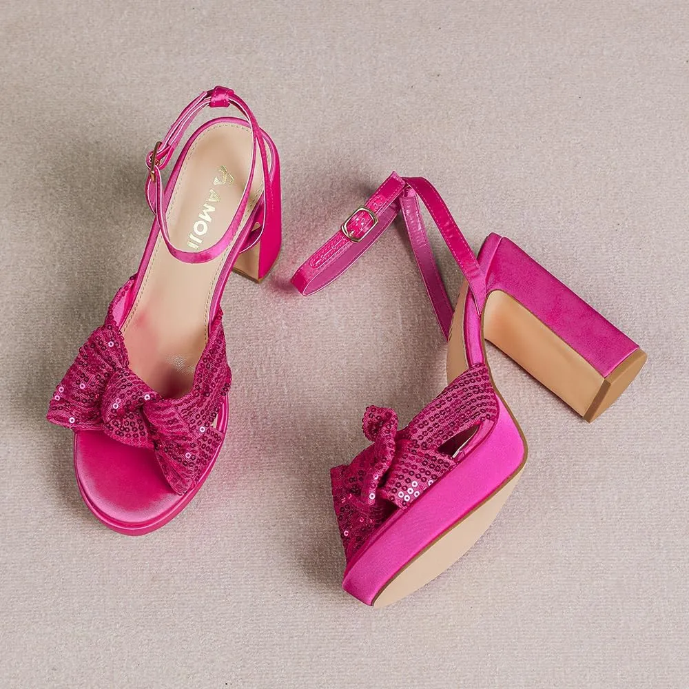 Amoji Women's 4 Inch Block Sequin Platform Heels Bowknot Ankle Strap Heeled Sandal Wedding F4304