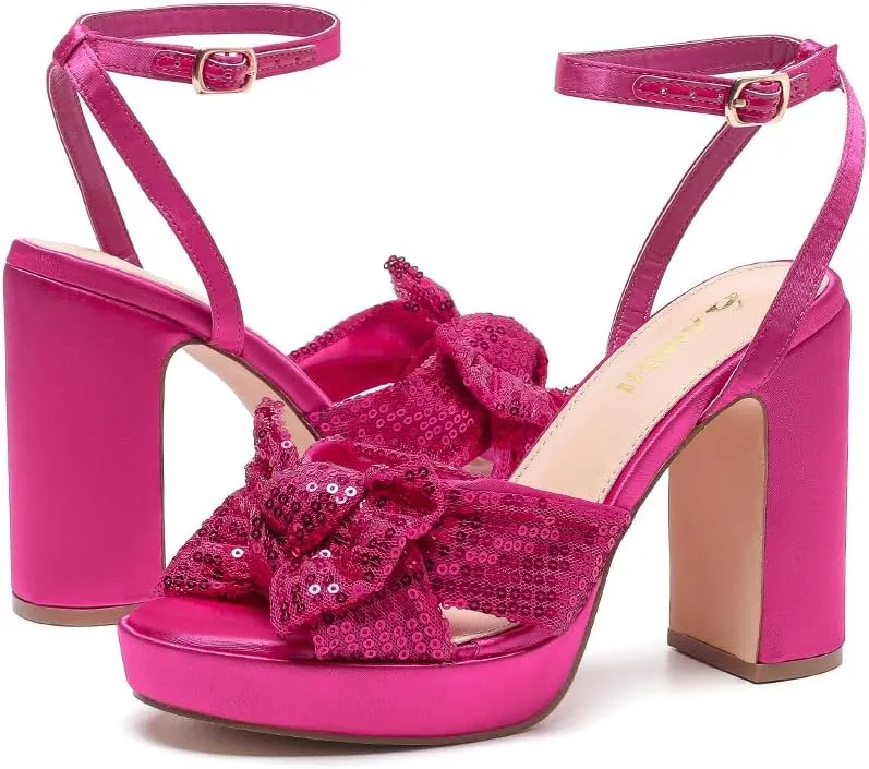 Amoji Women's 4 Inch Block Sequin Platform Heels Bowknot Ankle Strap Heeled Sandal Wedding F4304