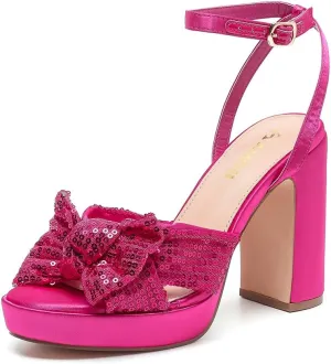 Amoji Women's 4 Inch Block Sequin Platform Heels Bowknot Ankle Strap Heeled Sandal Wedding F4304