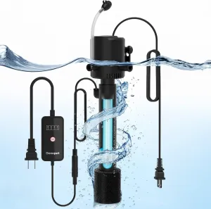 Aquarium U-V Filter for Green Water, Fish Tank Green Clean Machine with Aeration & Dual Water Outlet, Submersible Water Pump & U-V Light with Timer, for 40-120 Gallon Tank(265GPH/20W)