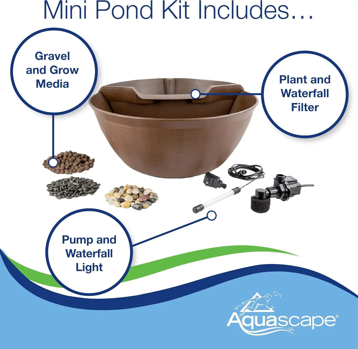 Aquascape AquaGarden Container Water Feature Kit – Indoor & Outdoor Mini Pond with Waterfall Fountain, Pump & Filtration for Home & Patio, Brown