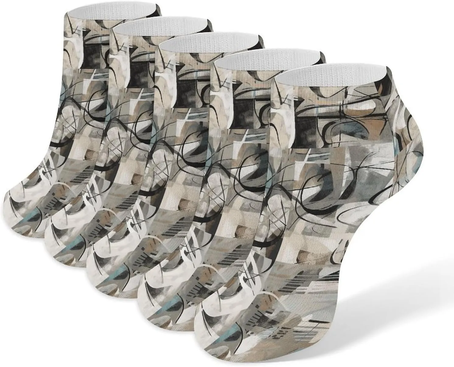 Art Print Color Pattern Ankle Socks for Men & Women, 5 Pairs Breathable Soft Low Cut Socks, Stretch Sweat Wicking Sox