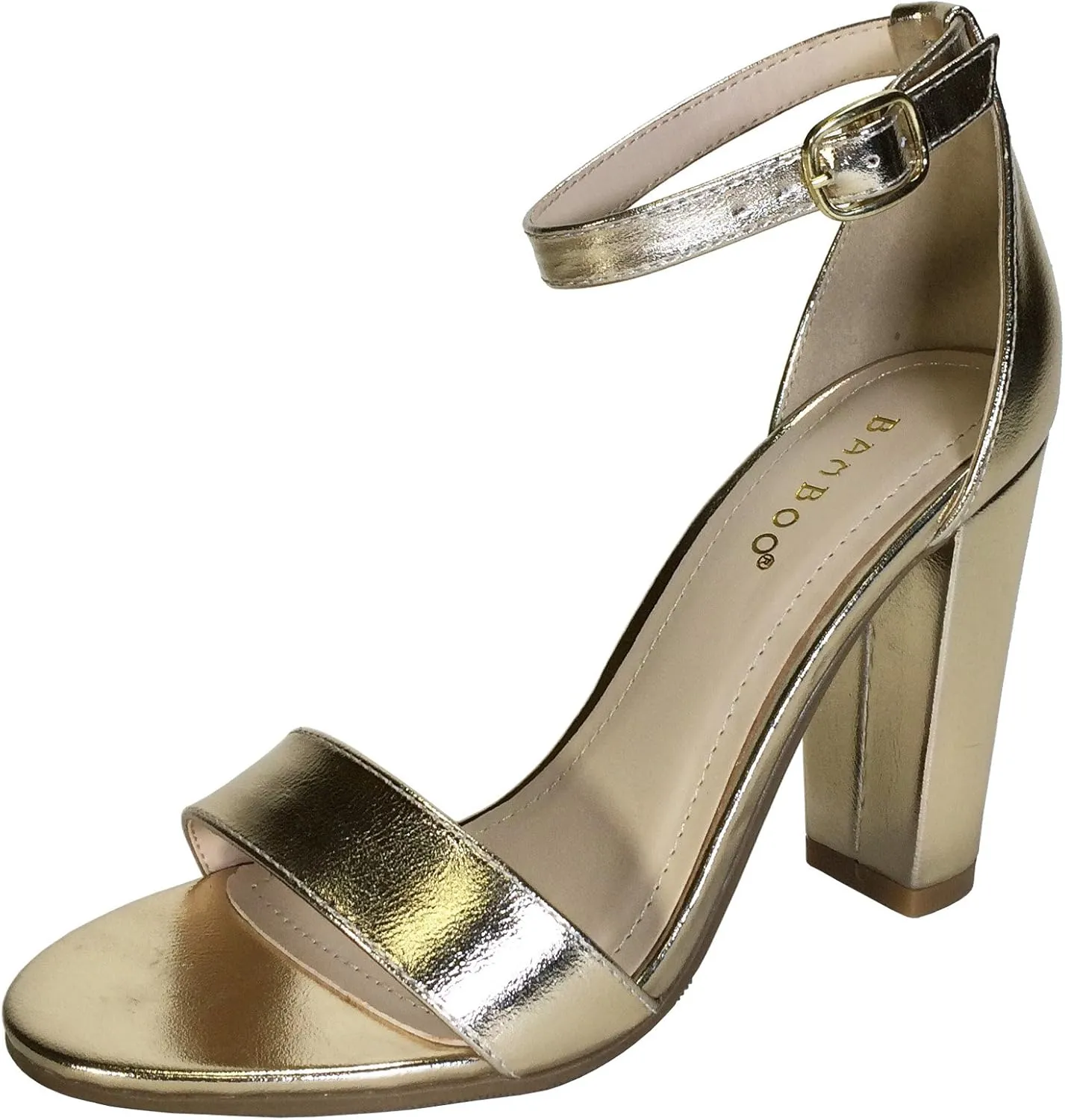 BAMBOO Women's Single Band Chunky Heel Sandal with Ankle Strap, Black White Stripe Fabric