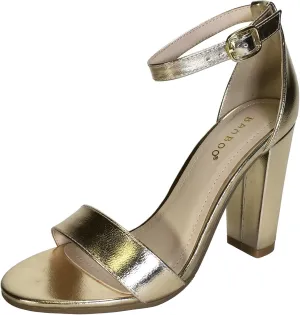 BAMBOO Women's Single Band Chunky Heel Sandal with Ankle Strap, Black White Stripe Fabric