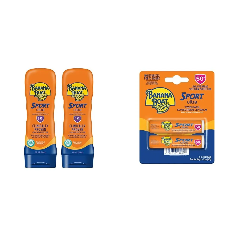 Banana Boat Sport Ultra SPF 15 Sunscreen Lotion 8oz Twin Pack   SPF 50 Lip Balm 2 Pack