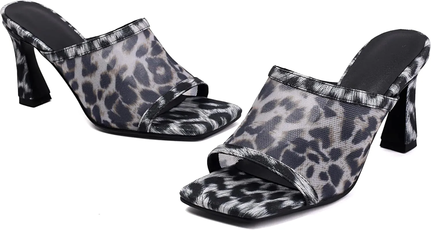 BEAUPAS Women's Mesh Square Toe Slide Sandals Block Heel Mules