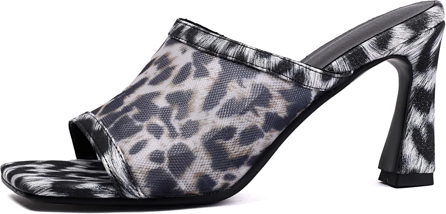 BEAUPAS Women's Mesh Square Toe Slide Sandals Block Heel Mules