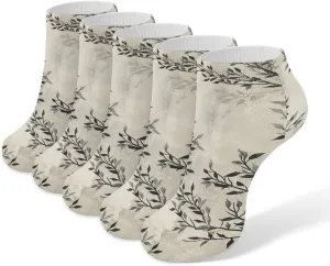 Black And White Leaves Ankle Socks for Men & Women, 5 Pairs Breathable Soft Low Cut Socks, Stretch Sweat Wicking Sox