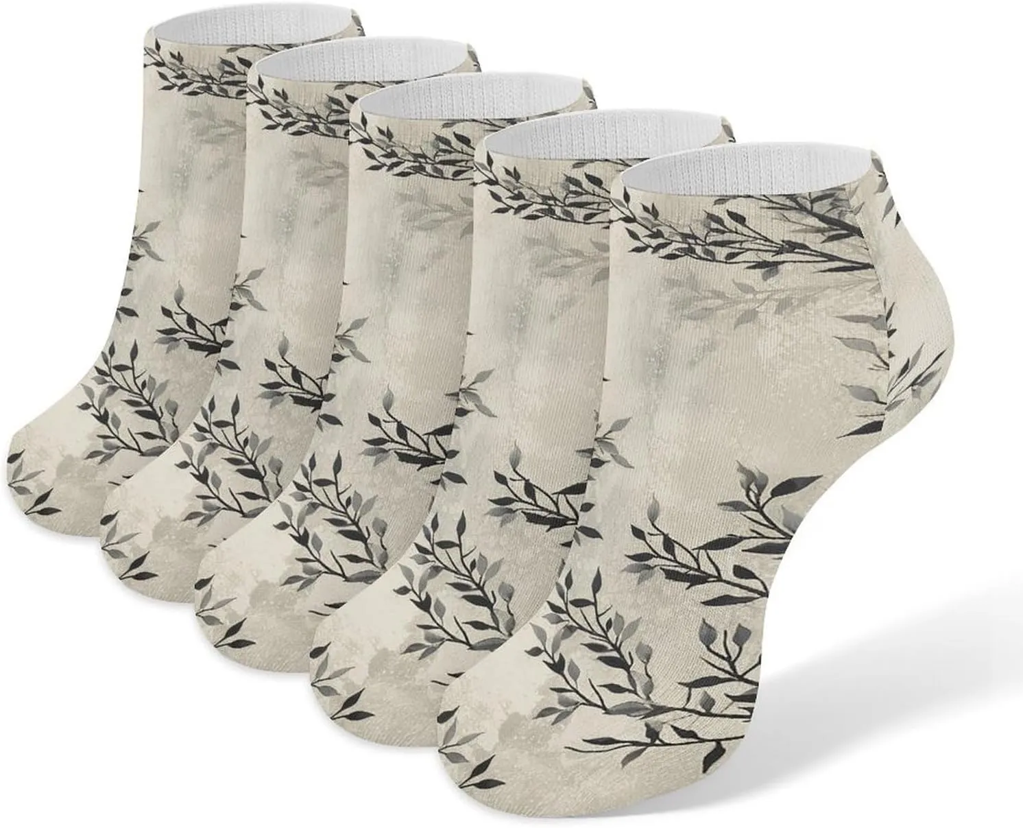 Black And White Leaves Ankle Socks for Men & Women, 5 Pairs Breathable Soft Low Cut Socks, Stretch Sweat Wicking Sox