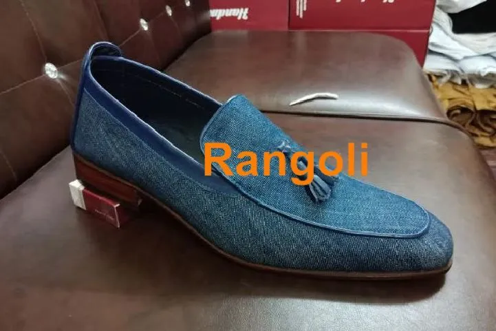 Blue Denim Leather Casual Loafer Slip On Shoes