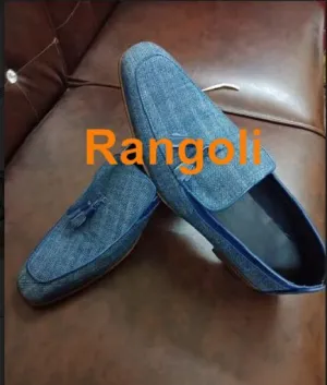 Blue Denim Leather Casual Loafer Slip On Shoes