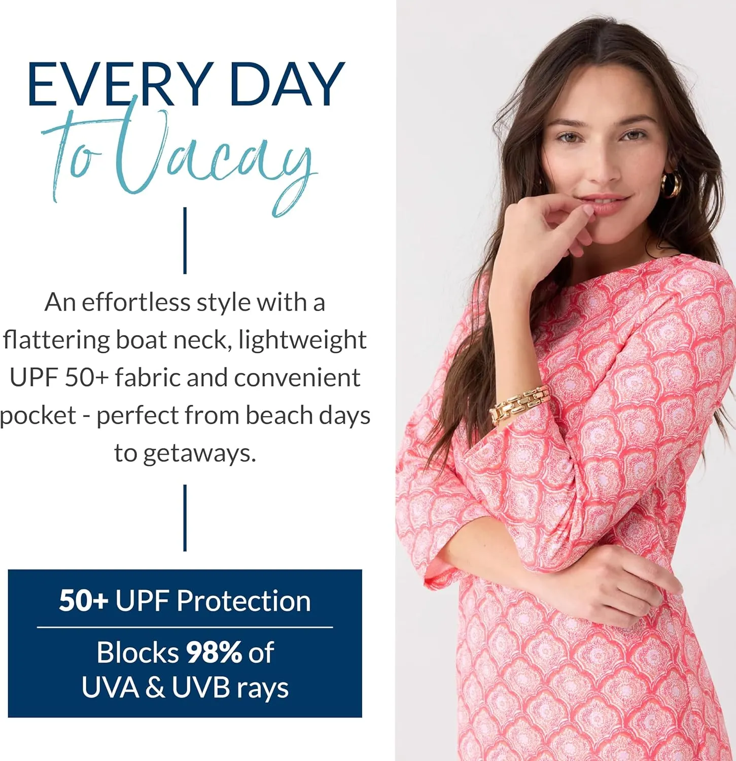 Cabana Life Shift Dress, UPF 50  Sun Protection Casual Dress, Boat Neckline, Quarter Sleeve, Womens Fashion
