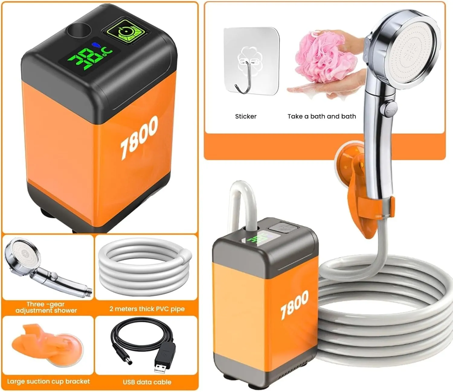 Camping Shower, Rechargeable Outdoor Shower with 7800mAh Battery, Electric Travel Shower Water Pump for Camping, Car, Pet, Beach, Garden(Display,7800 mAh)