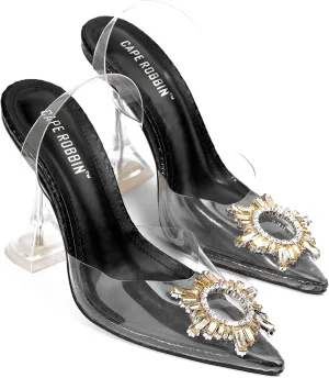 Cape Robbin Glassy Pop Pointed Toe Black Clear Rhinestone Sling Back Dress Pumps