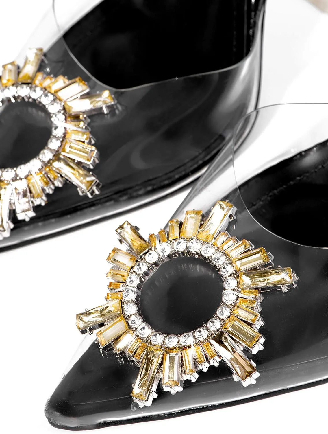 Cape Robbin Glassy Pop Pointed Toe Black Clear Rhinestone Sling Back Dress Pumps