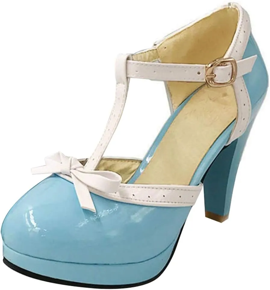 Caradise Womens High Heel T Strap Mary Jane Patent Pumps with Bow Rockabilly Dress Shoes