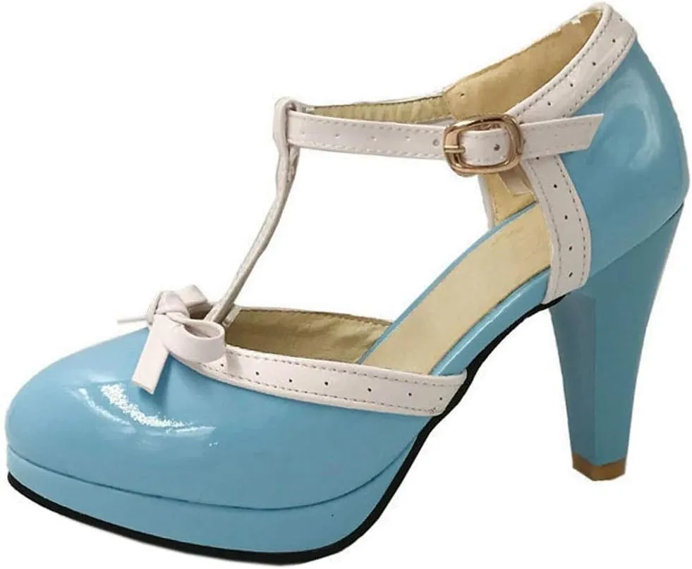 Caradise Womens High Heel T Strap Mary Jane Patent Pumps with Bow Rockabilly Dress Shoes