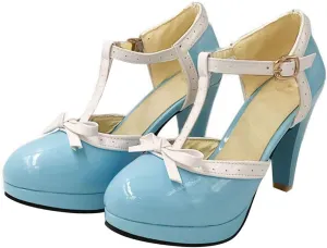 Caradise Womens High Heel T Strap Mary Jane Patent Pumps with Bow Rockabilly Dress Shoes