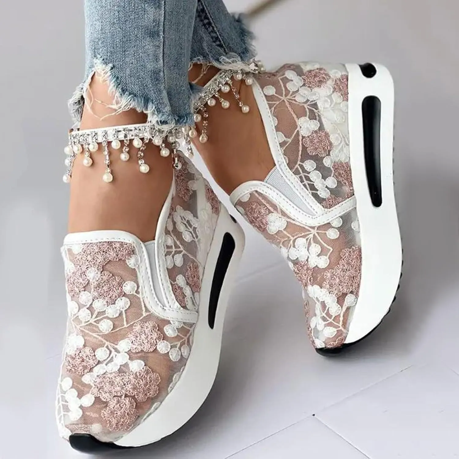 Cathalem Womens Orthopedic Sneakers Floral Embroidery Breathable Sheer Mesh Wedge Sneakers Slip On Platform Wedge Sneakers