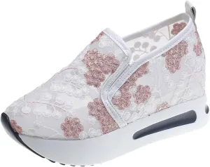 Cathalem Womens Orthopedic Sneakers Floral Embroidery Breathable Sheer Mesh Wedge Sneakers Slip On Platform Wedge Sneakers