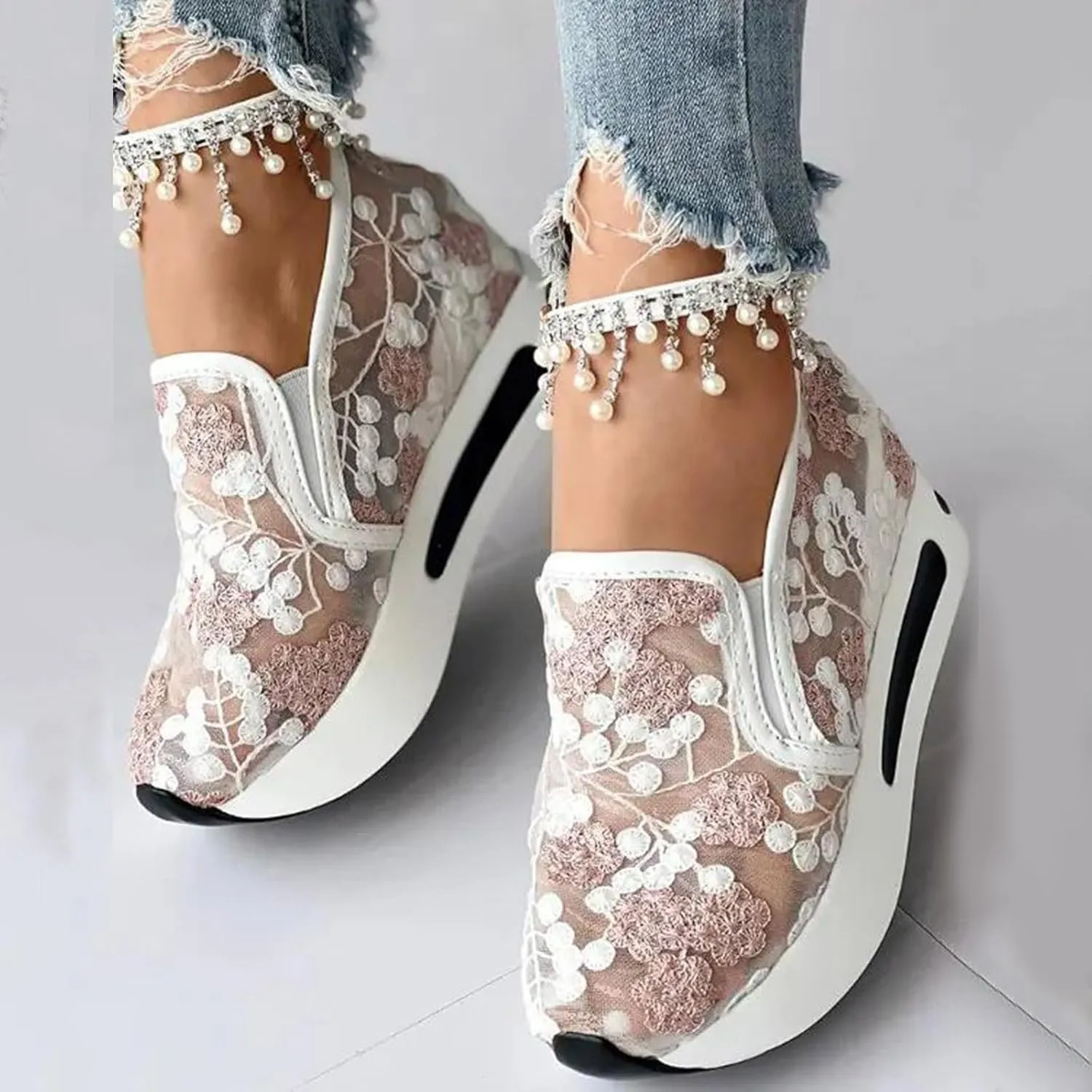 Cathalem Womens Orthopedic Sneakers Floral Embroidery Breathable Sheer Mesh Wedge Sneakers Slip On Platform Wedge Sneakers