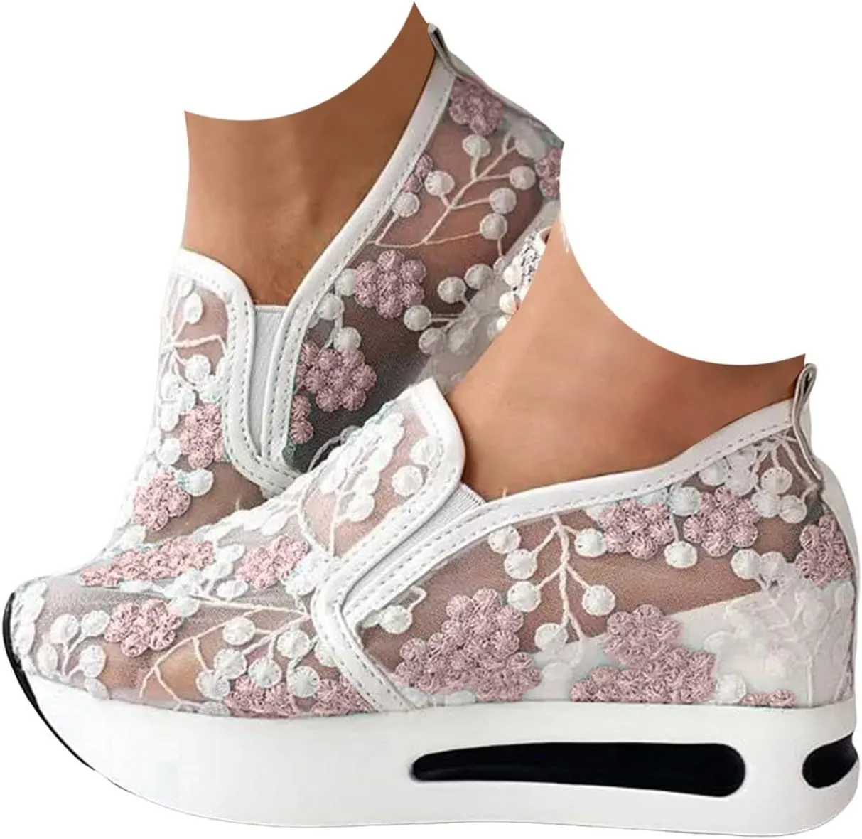 Cathalem Womens Orthopedic Sneakers Floral Embroidery Breathable Sheer Mesh Wedge Sneakers Slip On Platform Wedge Sneakers
