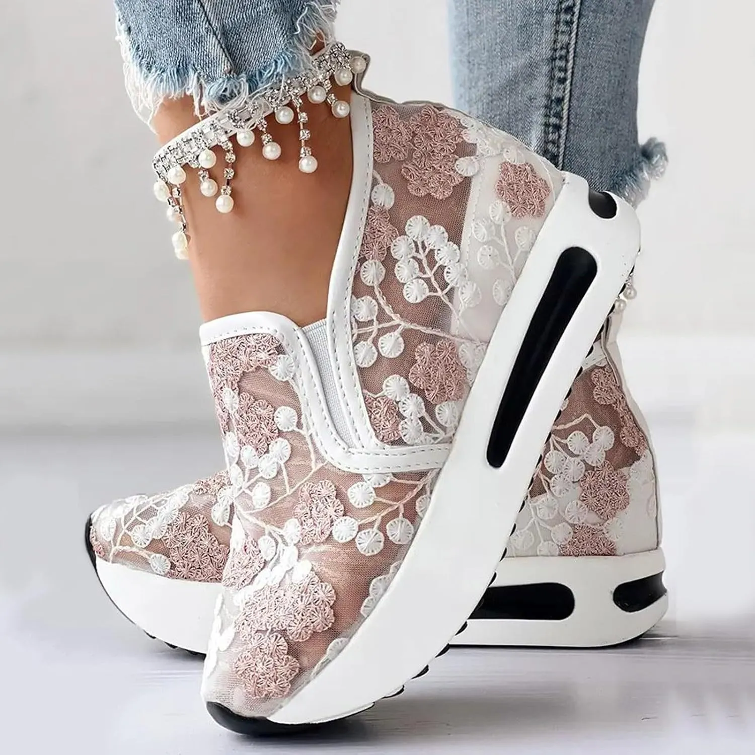 Cathalem Womens Orthopedic Sneakers Floral Embroidery Breathable Sheer Mesh Wedge Sneakers Slip On Platform Wedge Sneakers