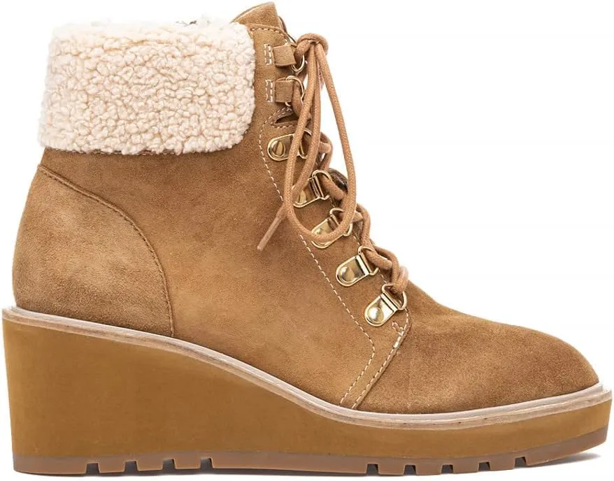 Cecelia New York Geraldine Saddle Leather Lace Up Fur Ankle Welt Detail Boots