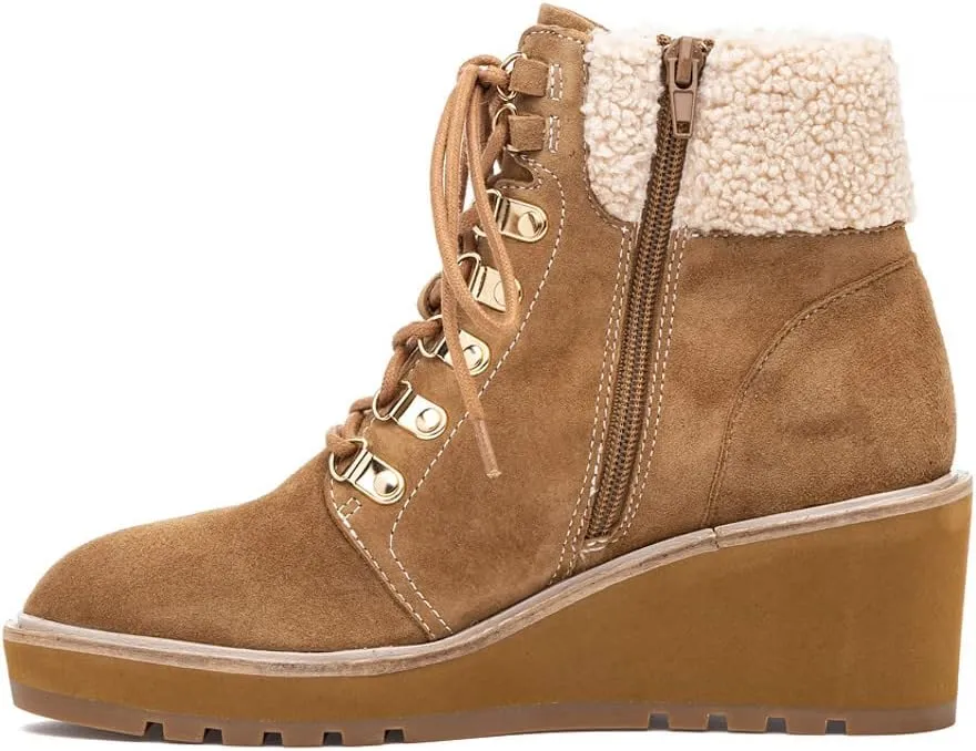 Cecelia New York Geraldine Saddle Leather Lace Up Fur Ankle Welt Detail Boots