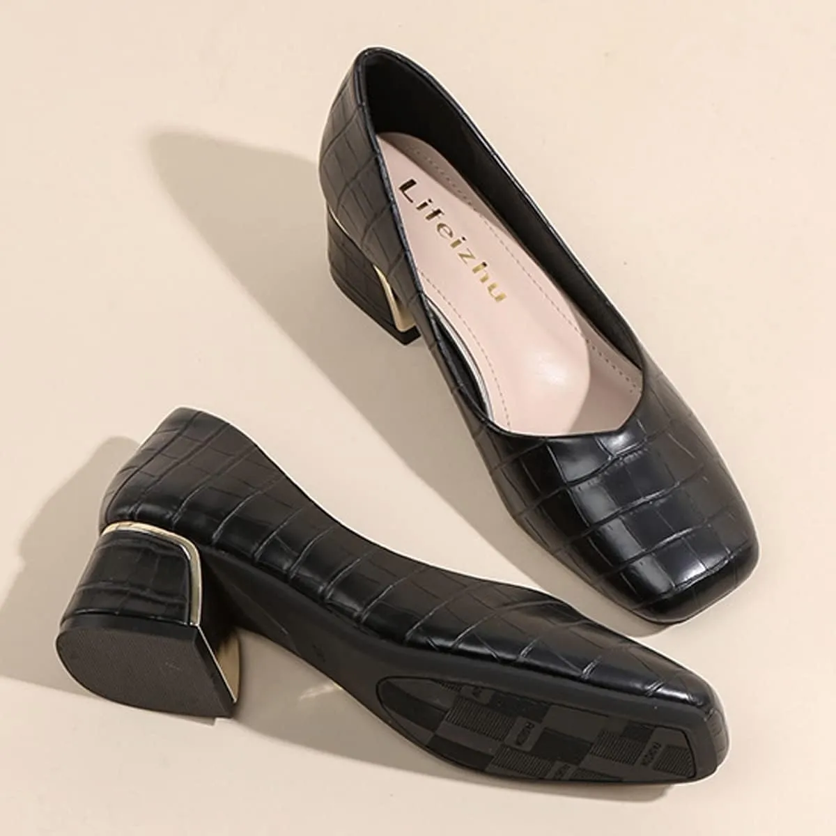 ChaiRong Zhou Women's Fashion Calssic Mid Chunky Block Heel Pumps Vintage Heeled Loafers Soft Heels Moccasins