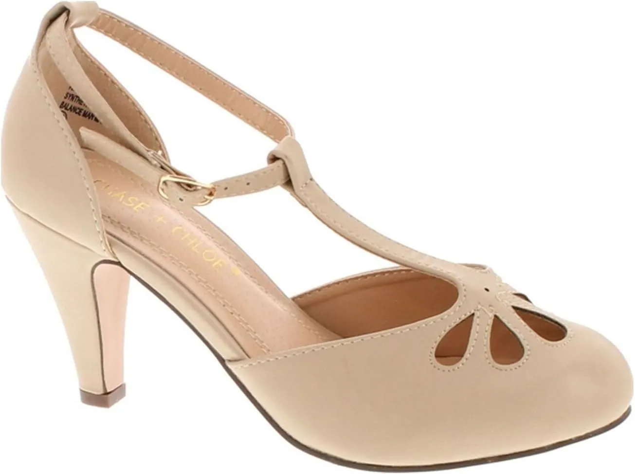 Chase & Chloe New Kimmy-36 Women's Teardrop Cut Out T-Strap Mid Heel Dress Pumps