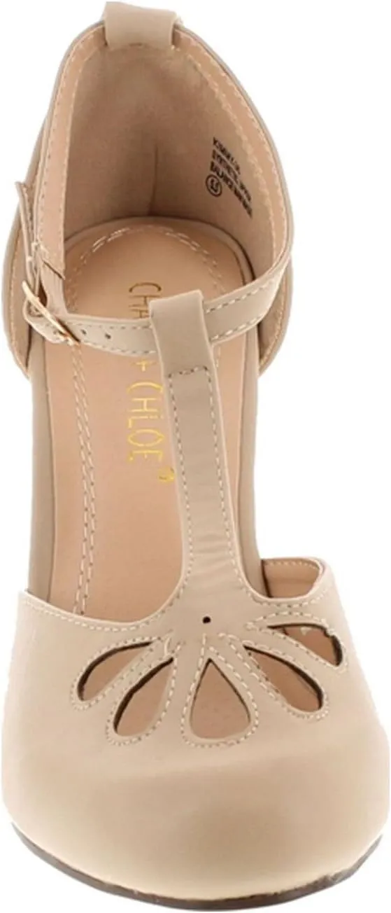 Chase & Chloe New Kimmy-36 Women's Teardrop Cut Out T-Strap Mid Heel Dress Pumps