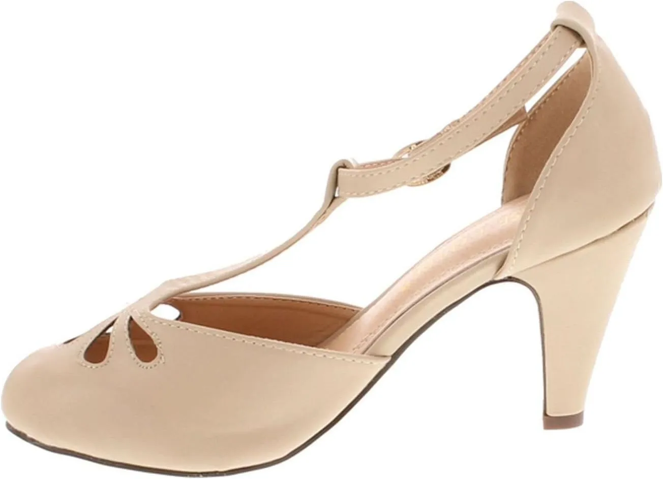 Chase & Chloe New Kimmy-36 Women's Teardrop Cut Out T-Strap Mid Heel Dress Pumps