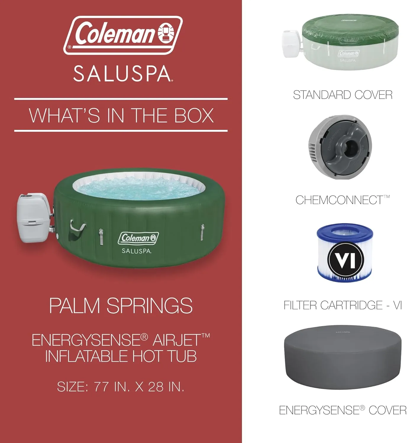 Coleman Palm Springs EnergySense AirJet Inflatable Hot Tub Spa (77" x 28") | Portable Hot Tub with 2 Covers (1 Energy-Efficient Thermal Cover and 1 Standard Cover) | Fits Up to 4-6 Persons | Green