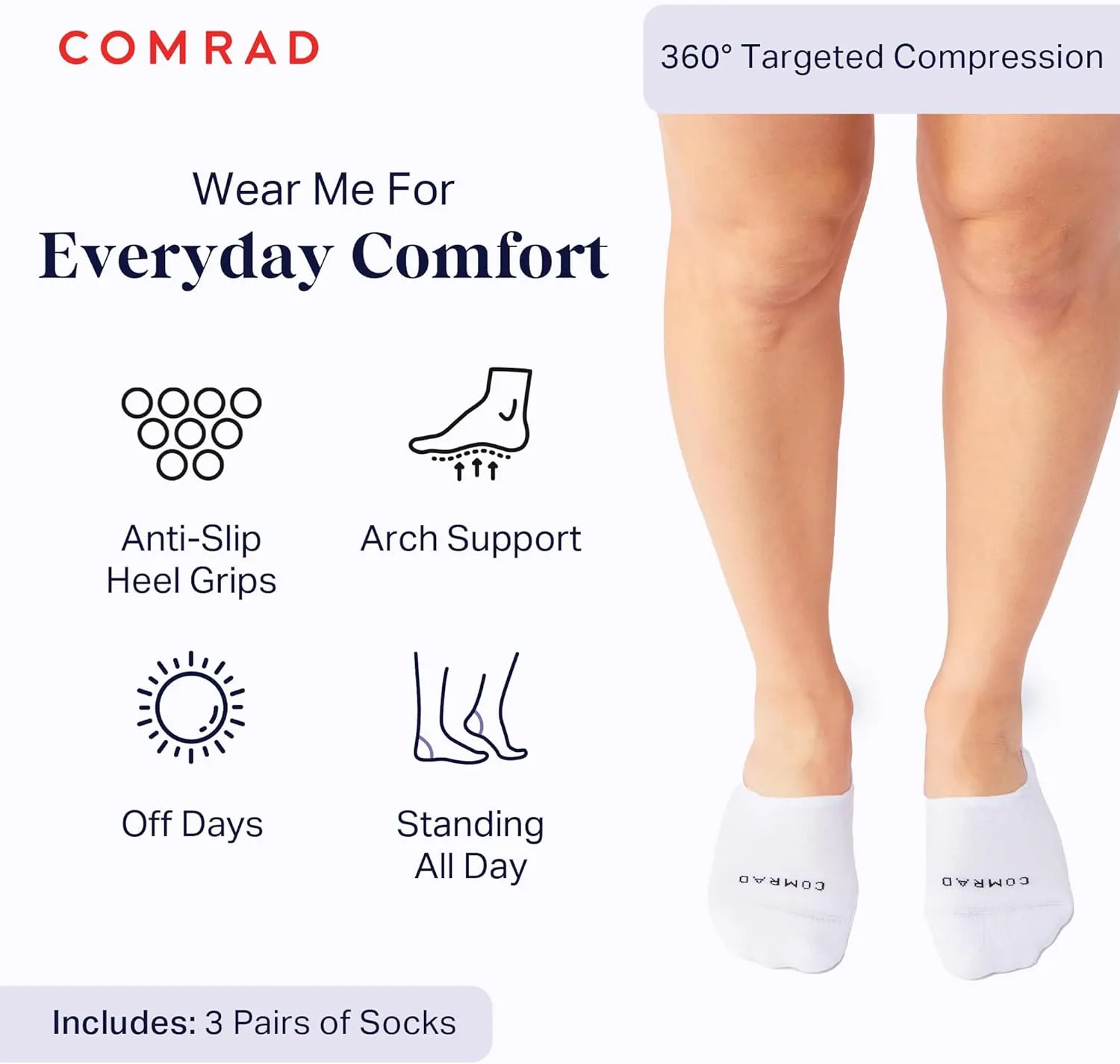 Comrad 3-Pack No Show Socks with Targeted Arch Compression - Soft & Breathable Combed Cotton Support Socks for Men & Women